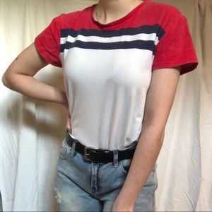 Red and white tshirt with blue stripes